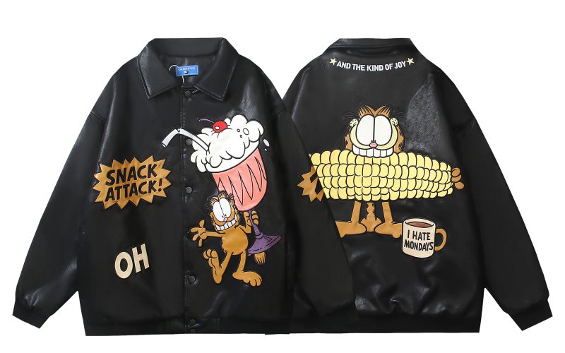画像1: Garfield embroidered leather jacket stadium baseball uniform jacket blouson ユニセックス 男女兼用 ガーフィールド刺繍レザージャケットスタジアムジャンパー スタジャン ジャケットブルゾン (1)