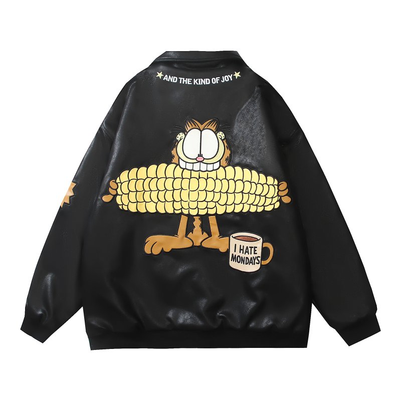画像3: Garfield embroidered leather jacket stadium baseball uniform jacket blouson ユニセックス 男女兼用 ガーフィールド刺繍レザージャケットスタジアムジャンパー スタジャン ジャケットブルゾン (3)