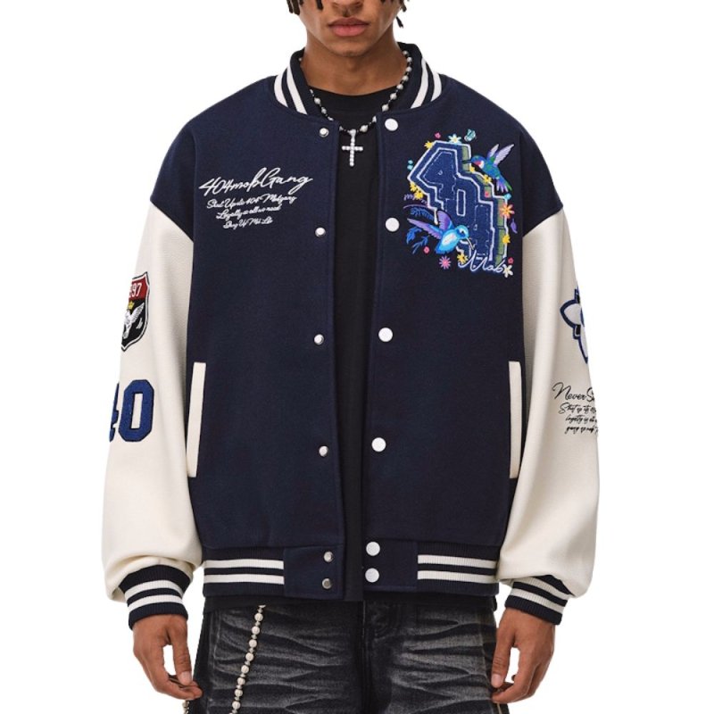 画像1: 404 Bird & Flower Embroidery stadium jacket baseball uniform jacket blouson ユニセックス 男女兼用404バード&フラワー刺繍 ジャケット スタジアムジャンパー スタジャン ジャケットブルゾン (1)