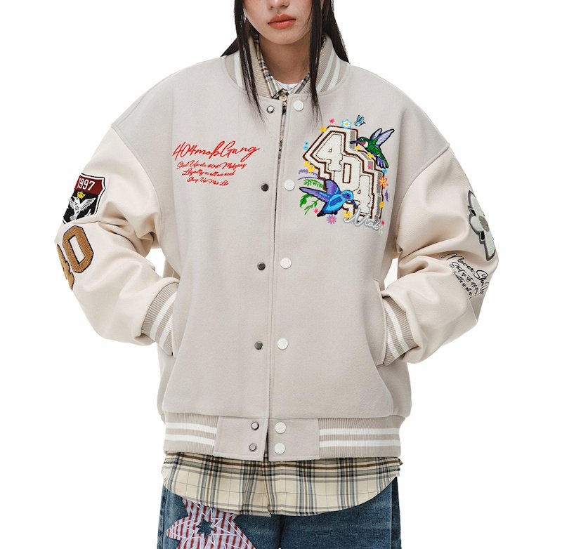 画像2: 404 Bird & Flower Embroidery stadium jacket baseball uniform jacket blouson ユニセックス 男女兼用404バード&フラワー刺繍 ジャケット スタジアムジャンパー スタジャン ジャケットブルゾン (2)