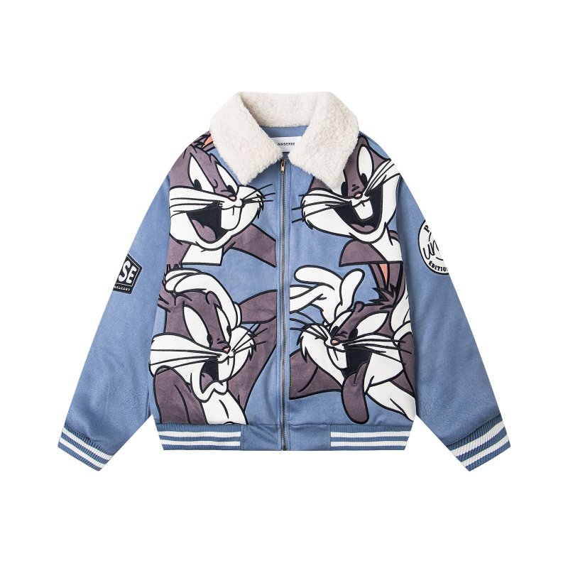 画像1: Bugs Bunny denim fur collar stadium jacket baseball uniform jacket blouson ユニセックス 男女兼用バックスバニー刺繍ファーカラーデニムジャケット スタジアムジャンパー スタジャン ジャケットブルゾン (1)