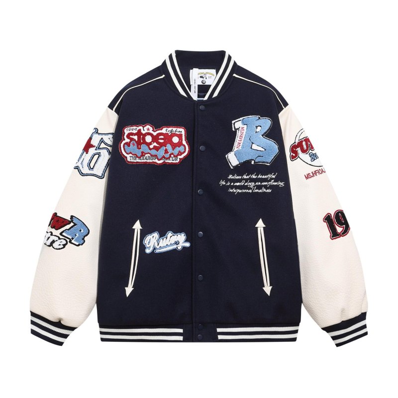 画像2: STA&YUR Pop Embroidered  Leather Sleeve stadium jacket baseball uniform jacket blouson ユニセックス 男女兼用STA&YURポップ刺繍レザースリーブ ジャケット スタジアムジャンパー スタジャン ジャケットブルゾン (2)