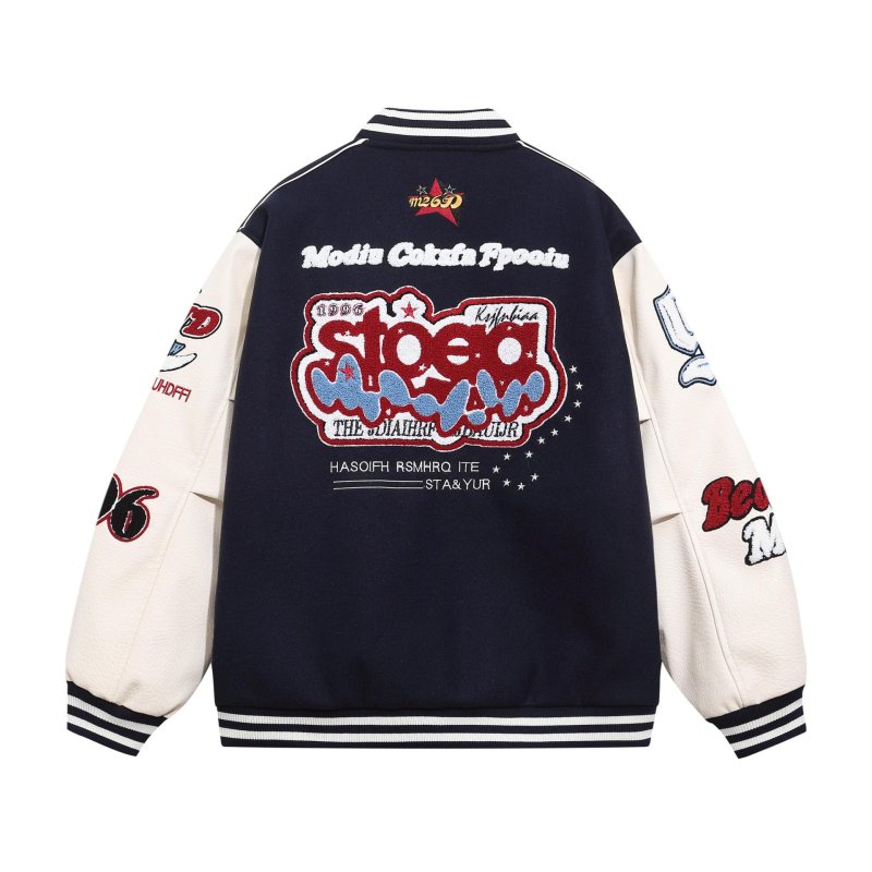 画像4: STA&YUR Pop Embroidered  Leather Sleeve stadium jacket baseball uniform jacket blouson ユニセックス 男女兼用STA&YURポップ刺繍レザースリーブ ジャケット スタジアムジャンパー スタジャン ジャケットブルゾン (4)