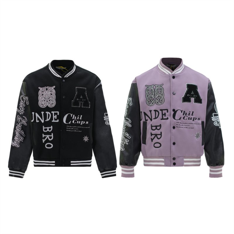 画像3: Alphabet Letter Embroidered Leather Sleeve stadium jacket baseball uniform jacket blouson ユニセックス 男女兼用レターロゴ刺繍レザースリーブ ジャケット スタジアムジャンパー スタジャン ジャケットブルゾン (3)