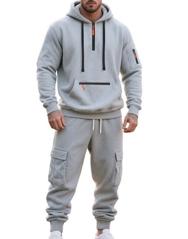 画像1: Half-zip hoodie and cargo pants sweatsuit set　ユニセックス男女兼用 ハーフジップフーディ＆カーゴパンツスウェット セットアップ (1)