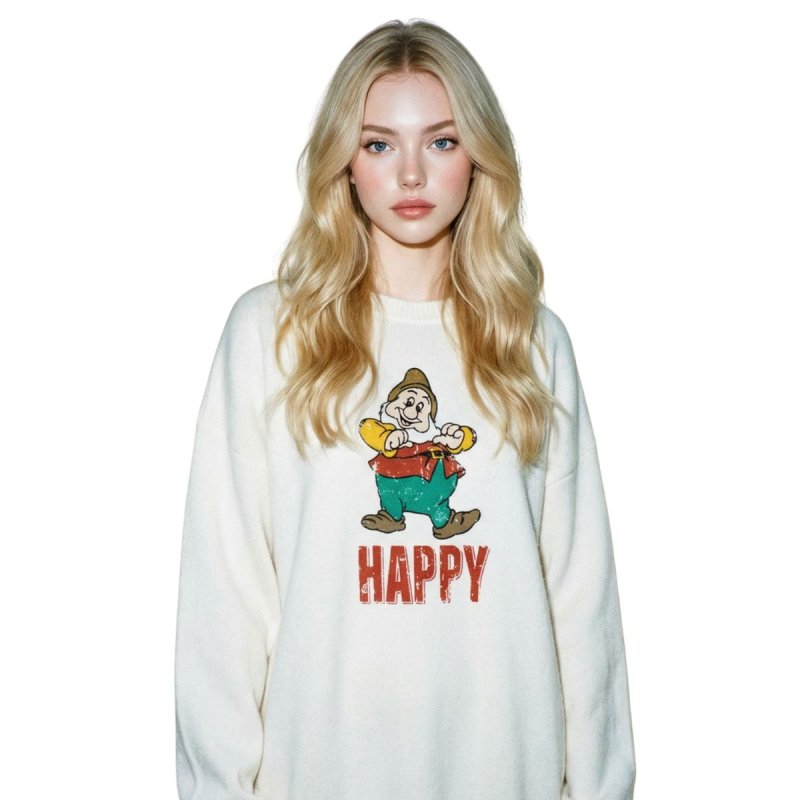 画像1: Oversized Snow White's Seven Dwarfs HAPPY Sweat Long Sleeve Shirts Pullover オーバーサイズ 白雪姫と７人の小人 裏起毛 ロングスリーブスウェット 長袖Ｔシャツ プルオーバー (1)