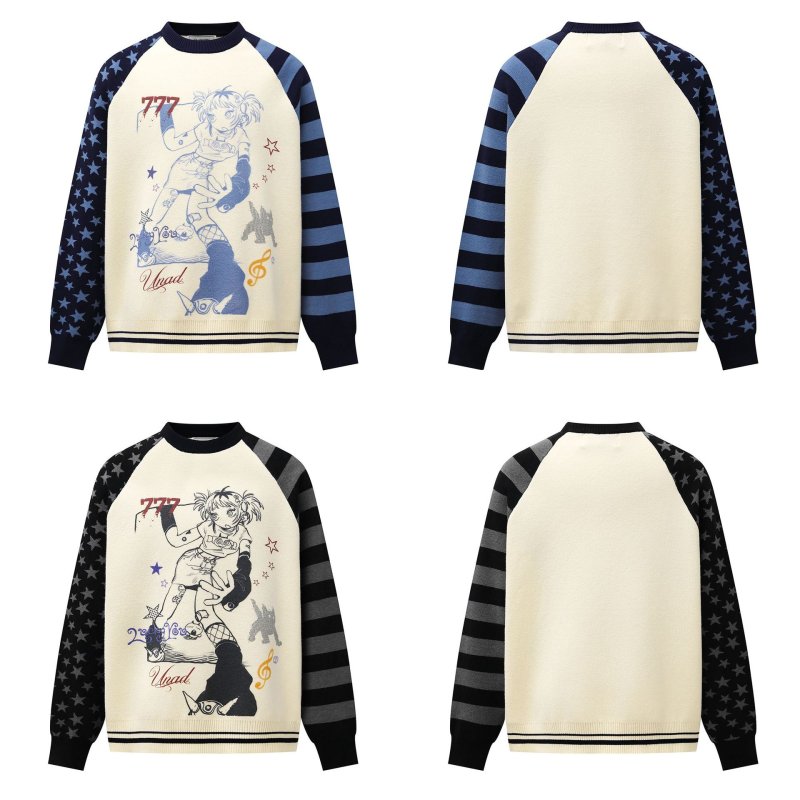 画像6: 777 Girl's Star & Border Sleeve Round Neck Sweater 男女兼用ユニセックス777ガールスター&ボーダー袖 クールネック セーター ニット (6)