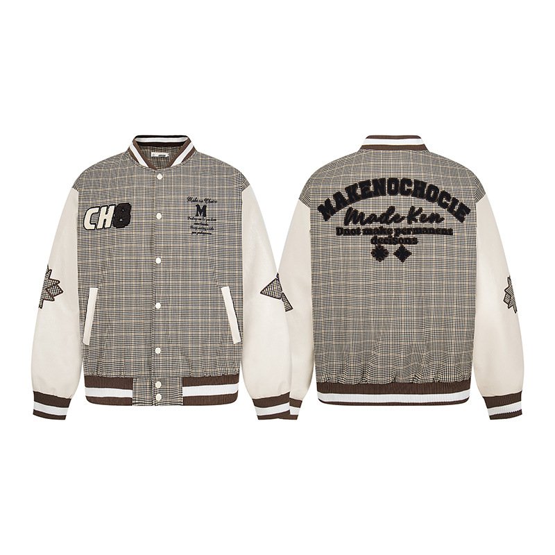 画像1: Houndstooth x Letter Logo Embroidered Stadium Jacket  ユニセックス 男女兼用千鳥格子×レターロゴ刺繍スタジアムジャンパー スタジャン MA-1 ボンバー ジャケット ブルゾン (1)