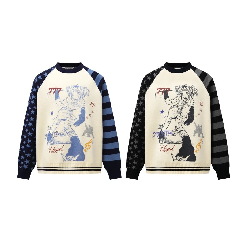 画像5: 777 Girl's Star & Border Sleeve Round Neck Sweater 男女兼用ユニセックス777ガールスター&ボーダー袖 クールネック セーター ニット (5)
