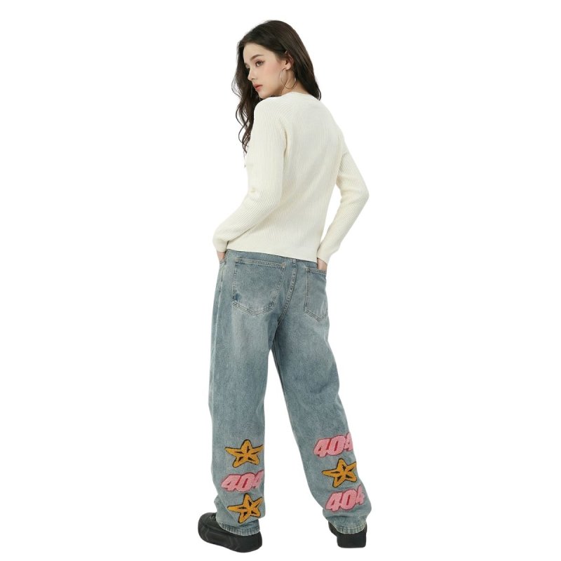 画像3: Unisex 404 Star Pile embroidered straight denim pants  Jeans 男女兼用 ユニセックス 404 スター 星 パイル刺繍  ストレートデニム パンツ (3)