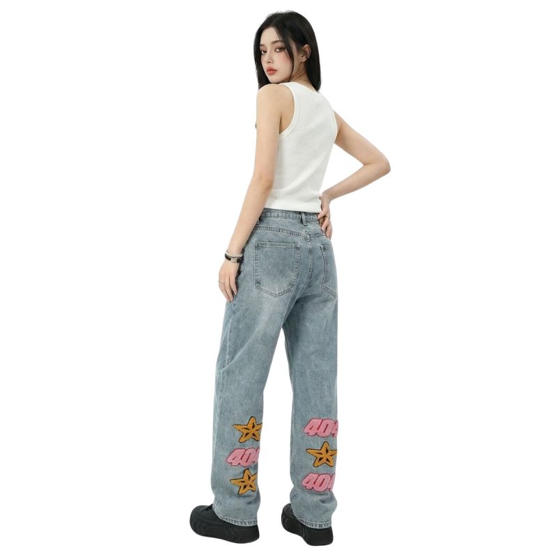 画像4: Unisex 404 Star Pile embroidered straight denim pants  Jeans 男女兼用 ユニセックス 404 スター 星 パイル刺繍  ストレートデニム パンツ (4)