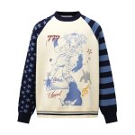 画像2: 777 Girl's Star & Border Sleeve Round Neck Sweater 男女兼用ユニセックス777ガールスター&ボーダー袖 クールネック セーター ニット (2)