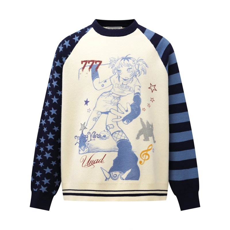 画像2: 777 Girl's Star & Border Sleeve Round Neck Sweater 男女兼用ユニセックス777ガールスター&ボーダー袖 クールネック セーター ニット (2)