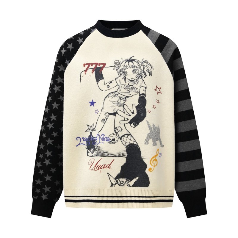 画像1: 777 Girl's Star & Border Sleeve Round Neck Sweater 男女兼用ユニセックス777ガールスター&ボーダー袖 クールネック セーター ニット (1)