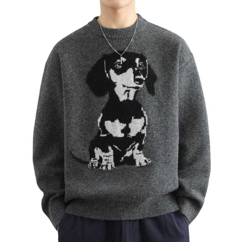 画像1: Puppy knitted round neck  Sweater 男女兼用ユニセックスパピー子犬編み込み ラウンドネックセーター ニット (1)
