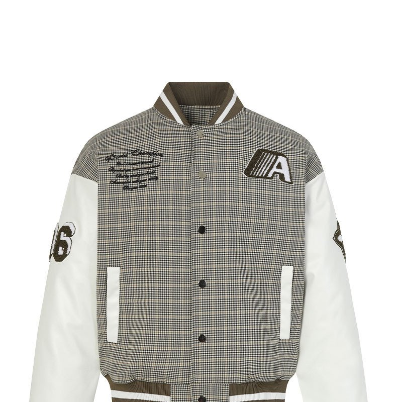 画像2: Houndstooth x Letter Logo Embroidered Stadium Jacket  ユニセックス 男女兼用千鳥格子×レターロゴ刺繍スタジアムジャンパー スタジャン MA-1 ボンバー ジャケット ブルゾン (2)