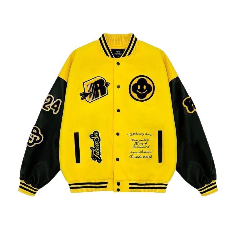 画像1: Smile flower and emblem embroidery stadium jacket  ユニセックス 男女兼用スマイルフラワー&エンブレム 刺繍スタジアムジャンパー スタジャン MA-1 ボンバー ジャケット ブルゾン (1)