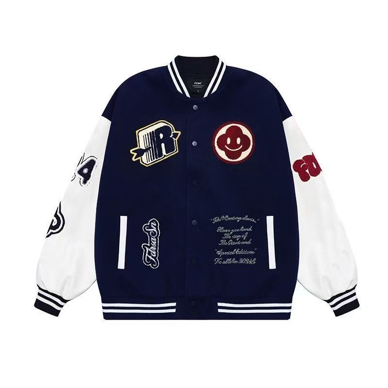 画像2: Smile flower and emblem embroidery stadium jacket  ユニセックス 男女兼用スマイルフラワー&エンブレム 刺繍スタジアムジャンパー スタジャン MA-1 ボンバー ジャケット ブルゾン (2)