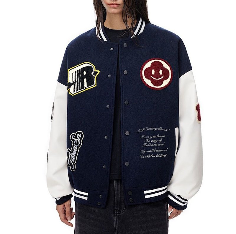画像4: Smile flower and emblem embroidery stadium jacket  ユニセックス 男女兼用スマイルフラワー&エンブレム 刺繍スタジアムジャンパー スタジャン MA-1 ボンバー ジャケット ブルゾン (4)