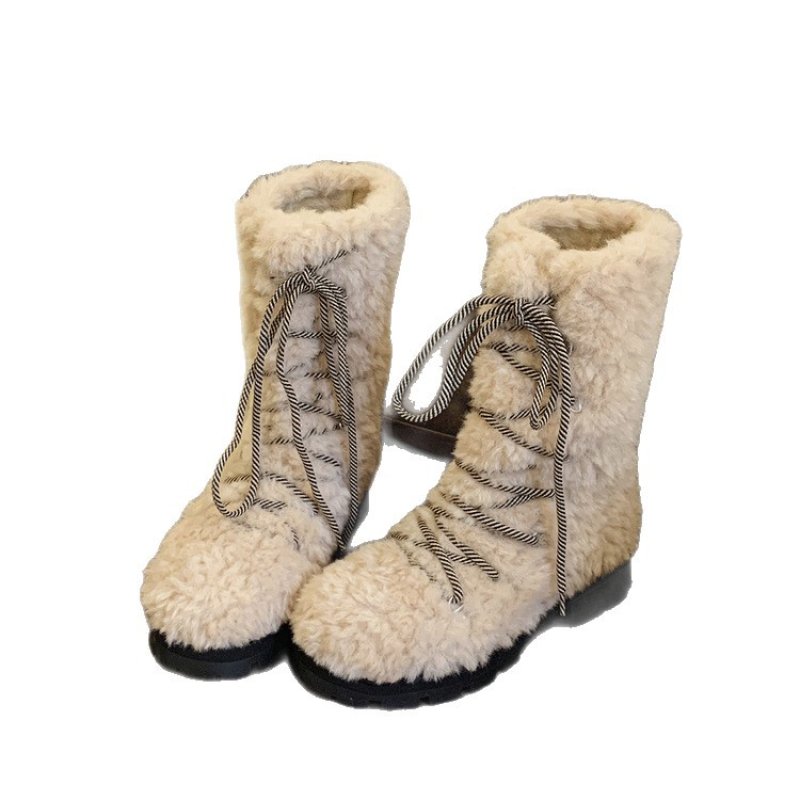 画像2: Plush lace-up mid-length boots　モコモコファーレースアップ厚底ブーツ  (2)