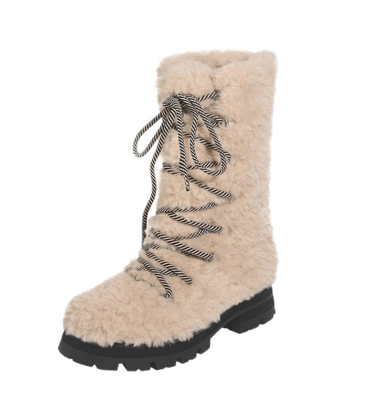 画像1: Plush lace-up mid-length boots　モコモコファーレースアップ厚底ブーツ  (1)