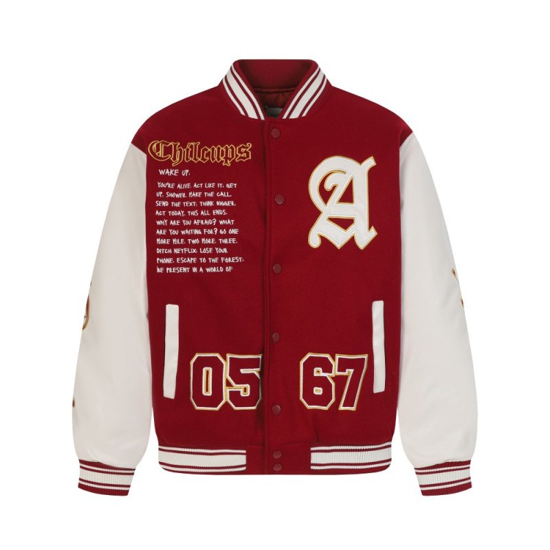 画像2: 0567 & Alphabet Color Block Leather Sleeve Stand Collar embroidery Stadium Jacket ユニセックス 男女兼用0567&アルファベットロゴレザースリーブスタンドカラースタジャンスタジアムジャンパー  MA-1 ボンバー ジャケット ブルゾン (2)