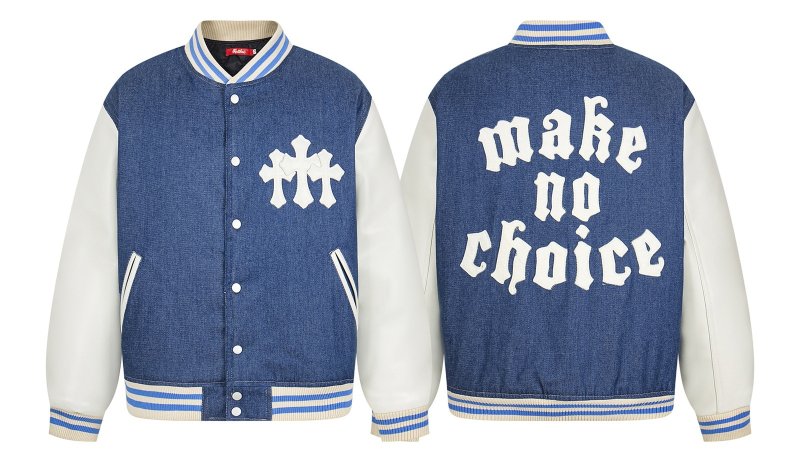 画像1: Denim and leather sleeves quilted interior embroidered lettering Stadium Jacket ユニセックス 男女兼用デニム×レザースリーブ 内側キルティング レター刺繍スタジャンスタジアムジャンパー  MA-1 ボンバー ジャケット ブルゾン (1)