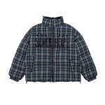 画像2: Checked letter embroidered stand-collar cotton down jacket ユニセックス 男女兼用 チェック＆アルファベットロゴスタンドカラーダウンジャケットブルゾンコート (2)