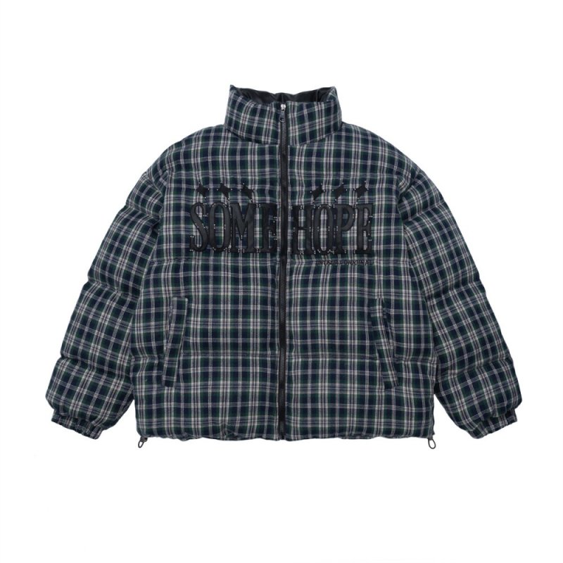 画像2: Checked letter embroidered stand-collar cotton down jacket ユニセックス 男女兼用 チェック＆アルファベットロゴスタンドカラーダウンジャケットブルゾンコート (2)