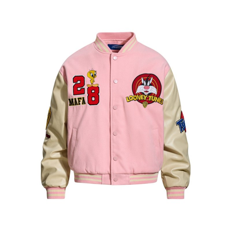 画像2: Looney Tunes Bugs Bunny Friends Embroidered Leather Sleeve embroidery Stadium Jacket ユニセックス 男女兼用レザースリーブルーニーチューンバッグスバニー仲間スタジャンスタジアムジャンパー  MA-1 ボンバー ジャケット ブルゾン (2)