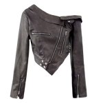 画像2: Asymmetry off the shoulder fake leather biker sailor jacket フェイクレザー オフショルダーライダース ジャケットコート (2)