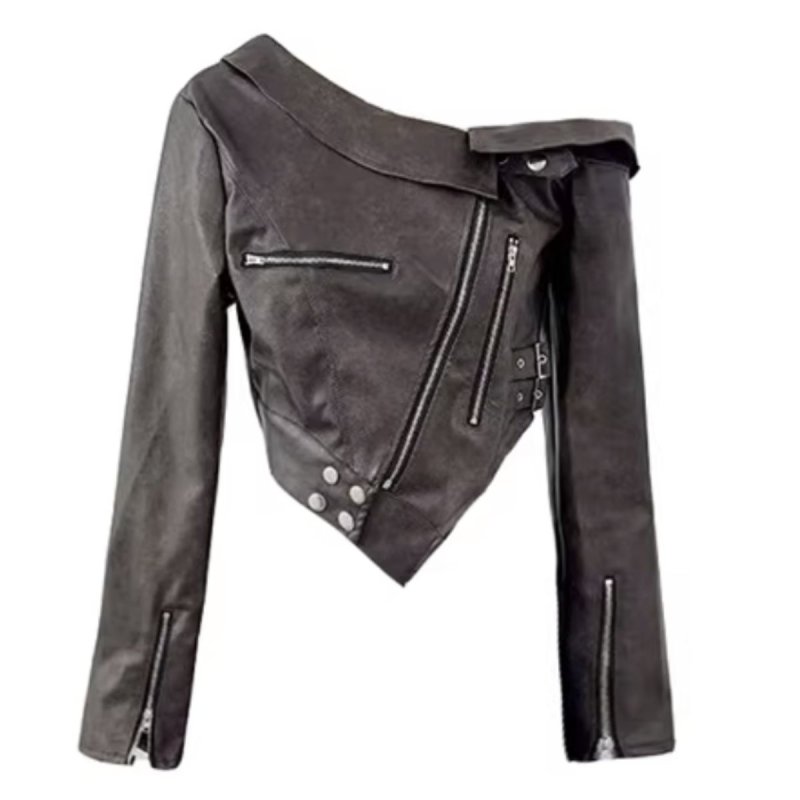 画像2: Asymmetry off the shoulder fake leather biker sailor jacket フェイクレザー オフショルダーライダース ジャケットコート (2)