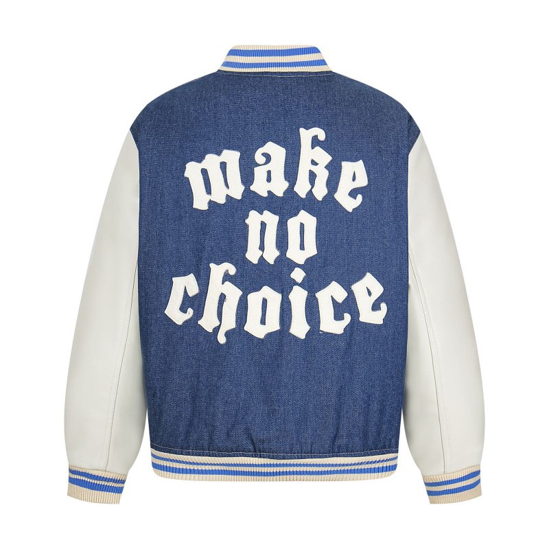 画像3: Denim and leather sleeves quilted interior embroidered lettering Stadium Jacket ユニセックス 男女兼用デニム×レザースリーブ 内側キルティング レター刺繍スタジャンスタジアムジャンパー  MA-1 ボンバー ジャケット ブルゾン (3)