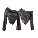 画像3: Asymmetry off the shoulder fake leather biker sailor jacket フェイクレザー オフショルダーライダース ジャケットコート (3)