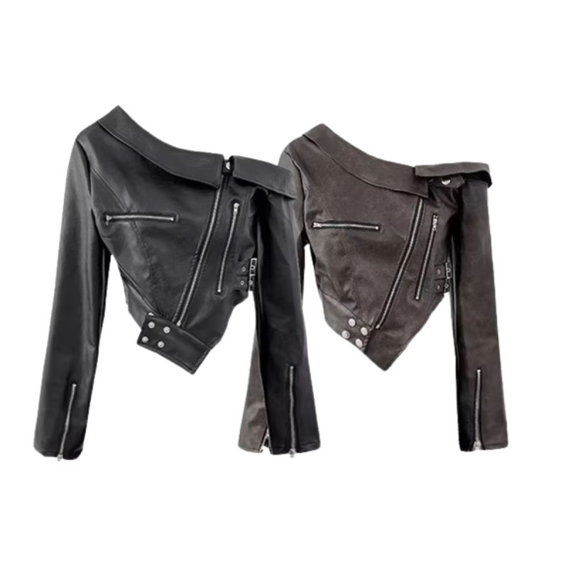画像3: Asymmetry off the shoulder fake leather biker sailor jacket フェイクレザー オフショルダーライダース ジャケットコート (3)