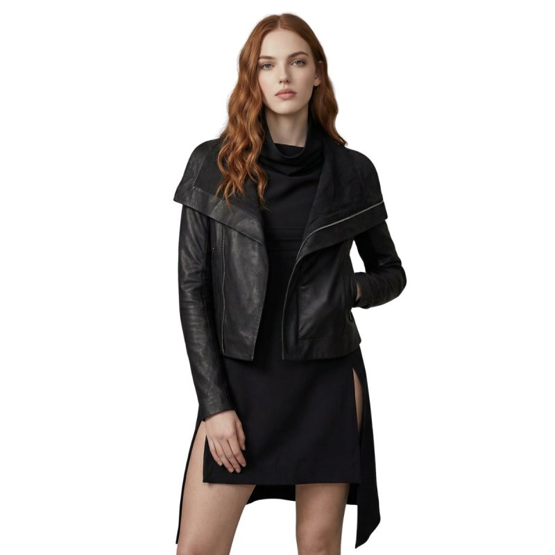 画像3: Off the shoulder fake leather biker naska jacket フェイクレザー オフショルダーライダース ジャケットコート (3)