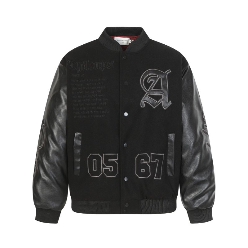 画像1: 0567 & Alphabet Color Block Leather Sleeve Stand Collar embroidery Stadium Jacket ユニセックス 男女兼用0567&アルファベットロゴレザースリーブスタンドカラースタジャンスタジアムジャンパー  MA-1 ボンバー ジャケット ブルゾン (1)