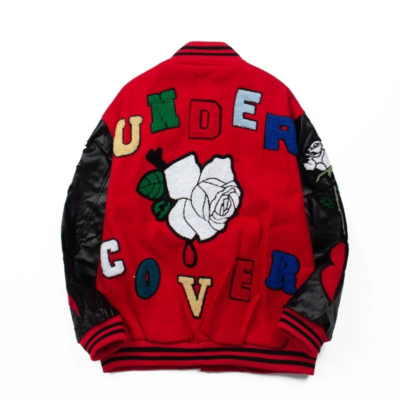 画像4: Alphabet logo and flower embroidery Stadium Jacket ユニセックス 男女兼用アルファベットロゴ＆フラワー刺繍スタジャンスタジアムジャンパー スタジャン MA-1 ボンバー ジャケット ブルゾン (4)