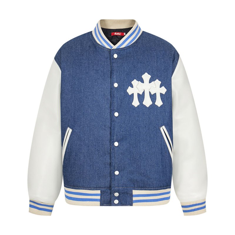 画像2: Denim and leather sleeves quilted interior embroidered lettering Stadium Jacket ユニセックス 男女兼用デニム×レザースリーブ 内側キルティング レター刺繍スタジャンスタジアムジャンパー  MA-1 ボンバー ジャケット ブルゾン (2)