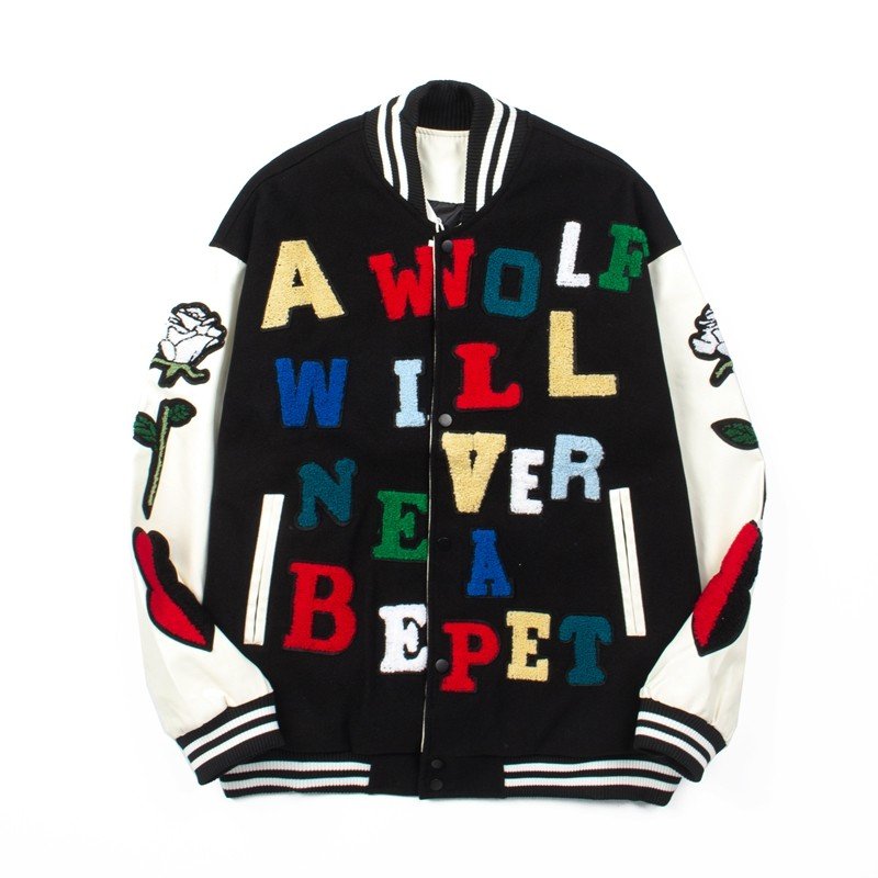 画像2: Alphabet logo and flower embroidery Stadium Jacket ユニセックス 男女兼用アルファベットロゴ＆フラワー刺繍スタジャンスタジアムジャンパー スタジャン MA-1 ボンバー ジャケット ブルゾン (2)