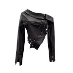 画像1: Asymmetry off the shoulder fake leather biker sailor jacket フェイクレザー オフショルダーライダース ジャケットコート (1)