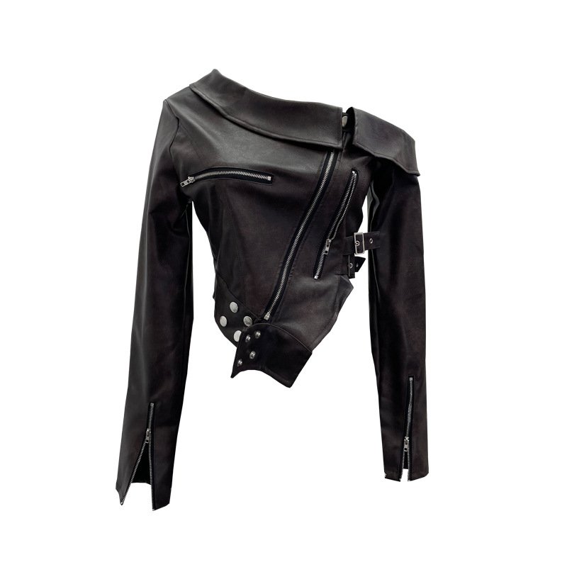 画像1: Asymmetry off the shoulder fake leather biker sailor jacket フェイクレザー オフショルダーライダース ジャケットコート (1)