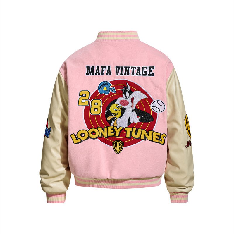 画像3: Looney Tunes Bugs Bunny Friends Embroidered Leather Sleeve embroidery Stadium Jacket ユニセックス 男女兼用レザースリーブルーニーチューンバッグスバニー仲間スタジャンスタジアムジャンパー  MA-1 ボンバー ジャケット ブルゾン (3)
