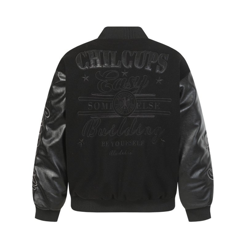 画像3: 0567 & Alphabet Color Block Leather Sleeve Stand Collar embroidery Stadium Jacket ユニセックス 男女兼用0567&アルファベットロゴレザースリーブスタンドカラースタジャンスタジアムジャンパー  MA-1 ボンバー ジャケット ブルゾン (3)