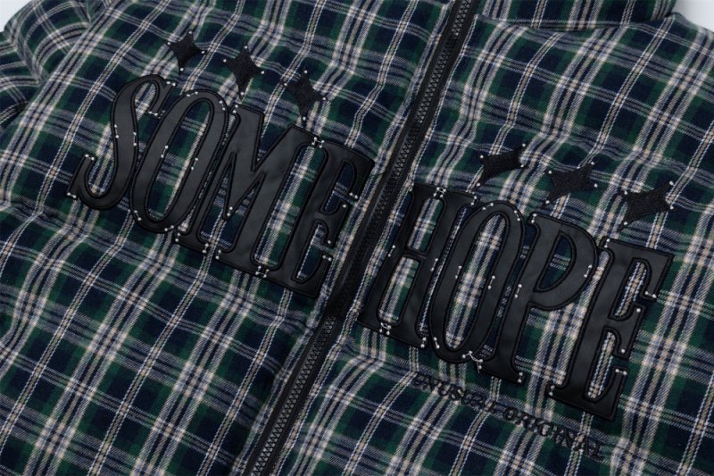 画像6: Checked letter embroidered stand-collar cotton down jacket ユニセックス 男女兼用 チェック＆アルファベットロゴスタンドカラーダウンジャケットブルゾンコート (6)