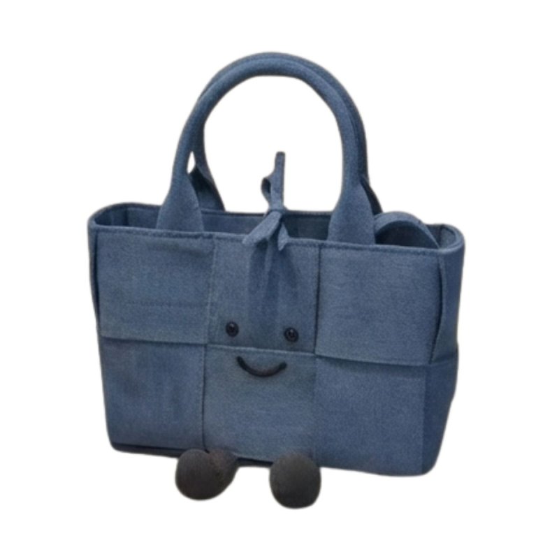画像1: BK Smile Doll Intreccio Plisse Cassette Arco Denim and Fur Tote Bag イントレチャート 編み込み カセット スマイル デニム ファー モコモコ トート ぬいぐるみ バッグ (1)