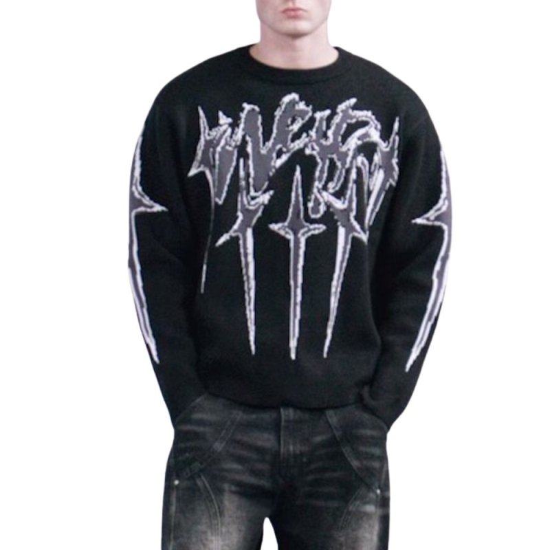 画像1: Unisex Lightning print round neck sweater  Knit  ユニセックス男女兼用フラッシュプリントラウンドネックセーター (1)