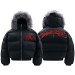 画像1: Letter embroidery thickened down jacket blouson fur coat  ユニセックス 男女兼用 レターロゴ刺繍 ファー付 ジャケット ブルゾン レザー ダウンジャケット (1)