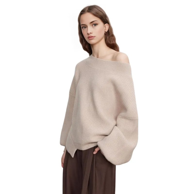 画像1: Women Sonia Asymmetrical Hem Sweater Wool Knit 丸首ラウンドネック ウールニット アシンメトリーヘムセーター (1)