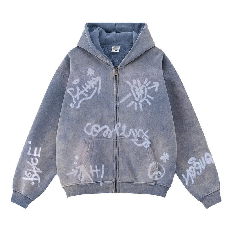 画像1: Unisex Graffiti Paint  Zip-Up Hoodie Jacket　ユニセックス男女兼用グラフィック落書きペイントヴィンテージスタイルジップアップフディージャケットパーカー  (1)